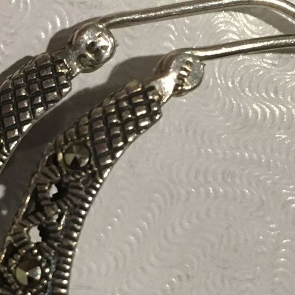 Vintage Sterling Silver Marcasite Cut Out Hinge Back Classic Hoops Earrings - Picture 10 of 11